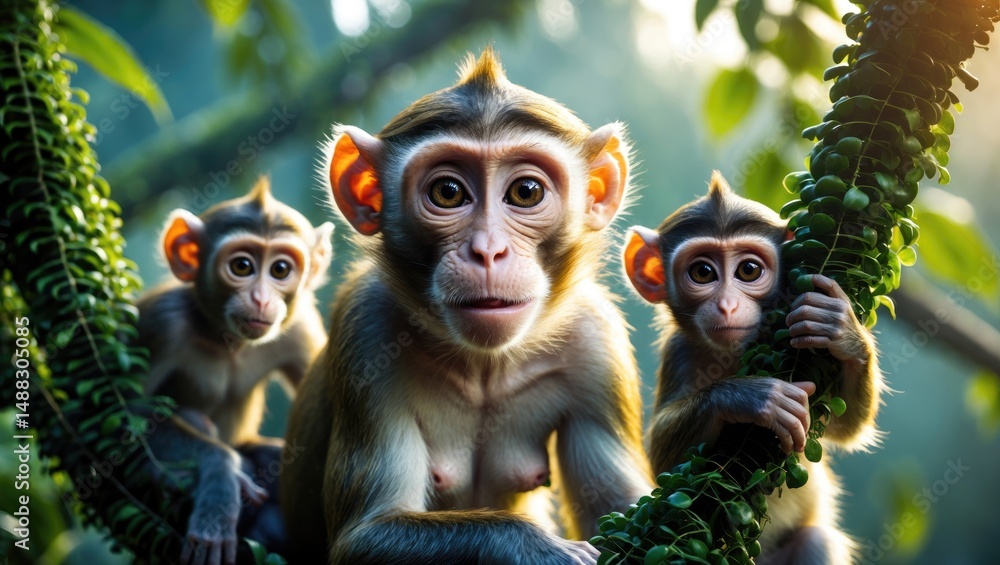 Fototapeta premium Startled monkey accompanied by two monkeys sitting behind her on the liana