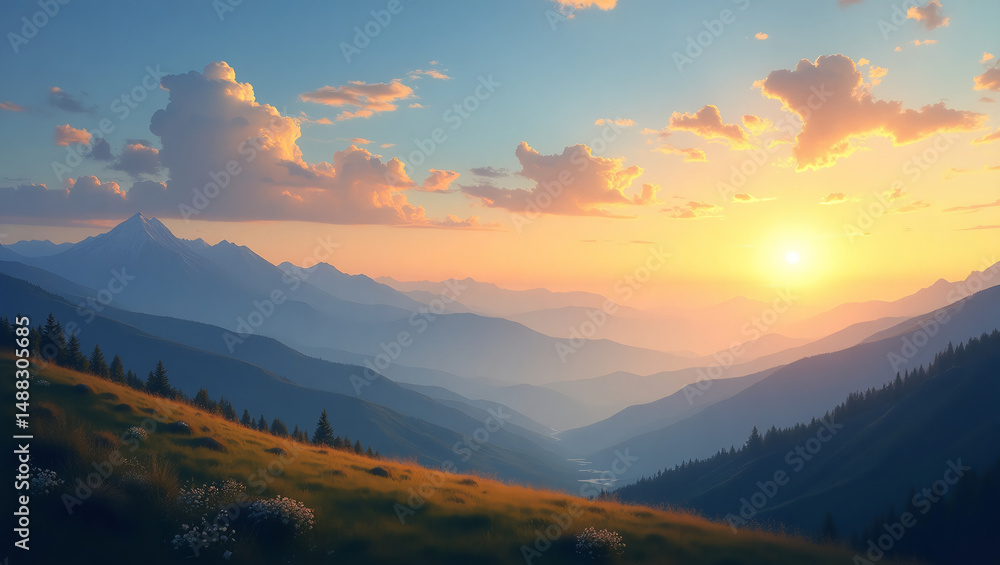 Obraz premium beautiful view of the mountains in the distance bathed in the light of the setting sun