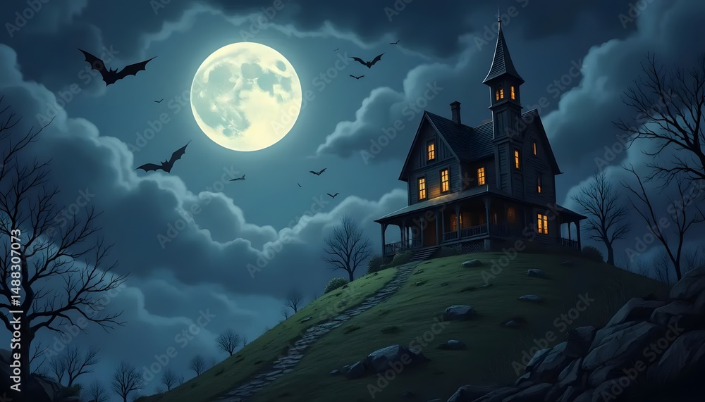 Fototapeta premium Haunted House on Hill Under Full Moon Halloween Night