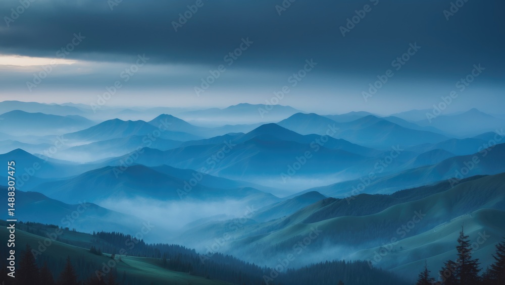 Naklejka premium Twilight Scene of Blue-Hued Mountains and Foggy Horizon