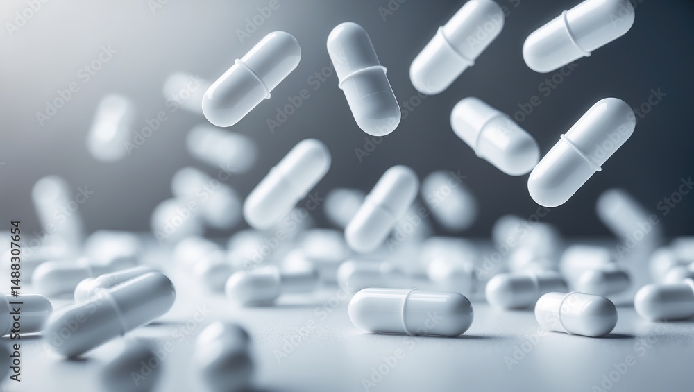 White pills cascading on a white backdrop White pills cascading on a white backdrop