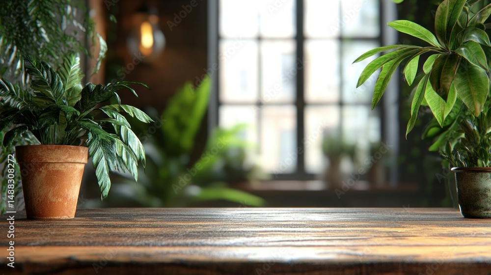 Fototapeta premium Rustic wooden table with potted plants by a window