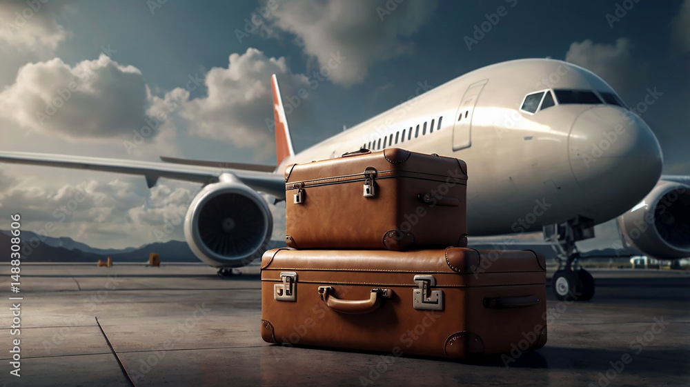 Obraz premium airplane at the airport suitcase travel transport