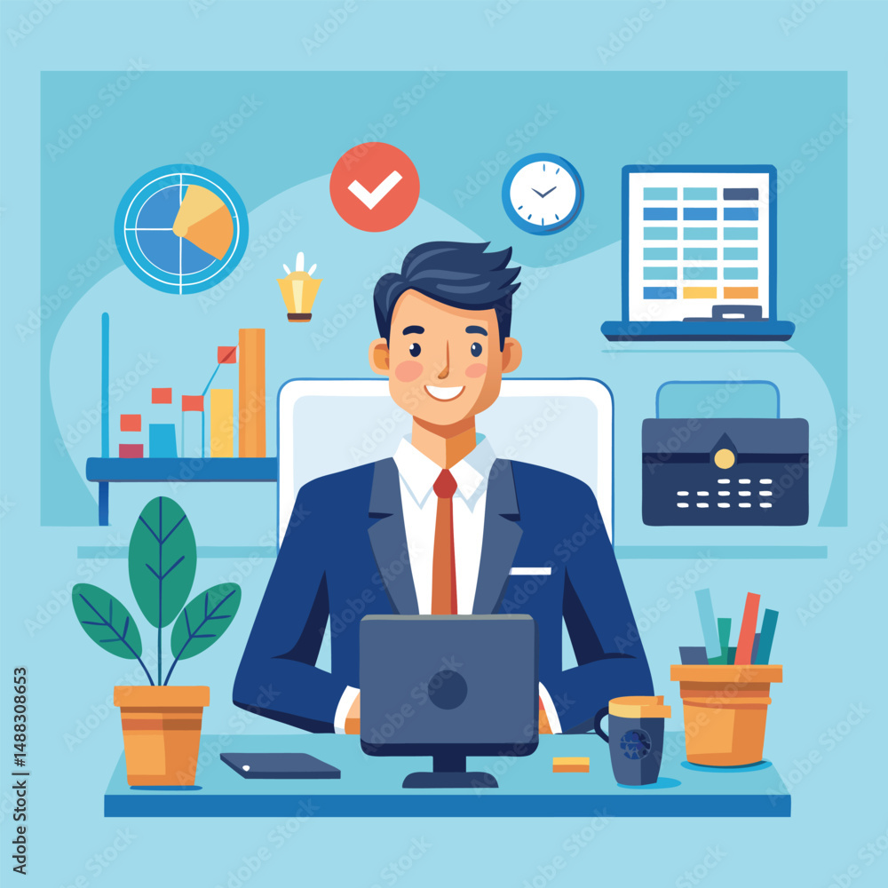 Computer, planning and phone with business man at desk for investment or portfolio management. Agenda, communication and finance with happy stock market broker in workplace Computer, planning and phone with business man at desk for investment or portfolio management. Agenda, communication and finance with happy stock market broker in workplace