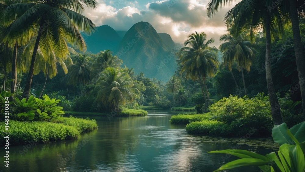 Obraz premium River flowing through exotic palm forest in the jungle