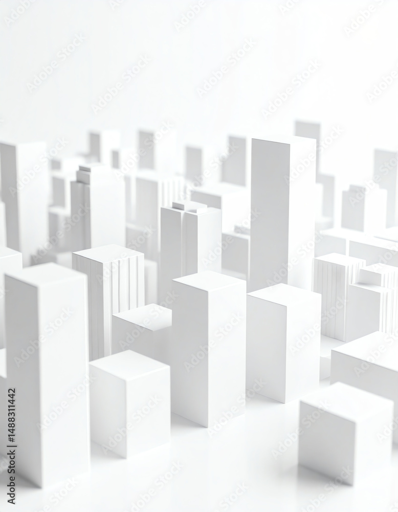 A minimalist cityscape made of white geometric shapes, representing buildings in a modern architectural style against a bright background A minimalist cityscape made of white geometric shapes, representing buildings in a modern architectural style against a bright background