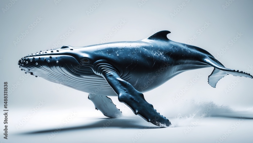 Naklejka premium Humpback whale gliding from a low angle against a white background