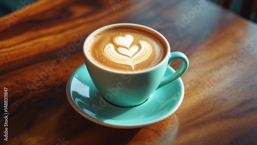 Latte Art in Coffee Cup on Wooden Table
