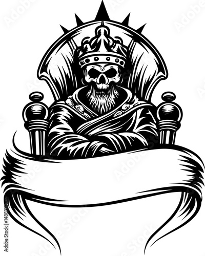 SVG of a skull seated on a throne, dark and powerful vector style. Skull King on Throne with Banner for Tattoo or Graphic Design