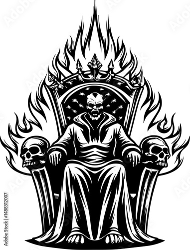 SVG of a skull seated on a throne, dark and powerful vector style. Dark Throne with Flames and Skull Elements in Black and White Style