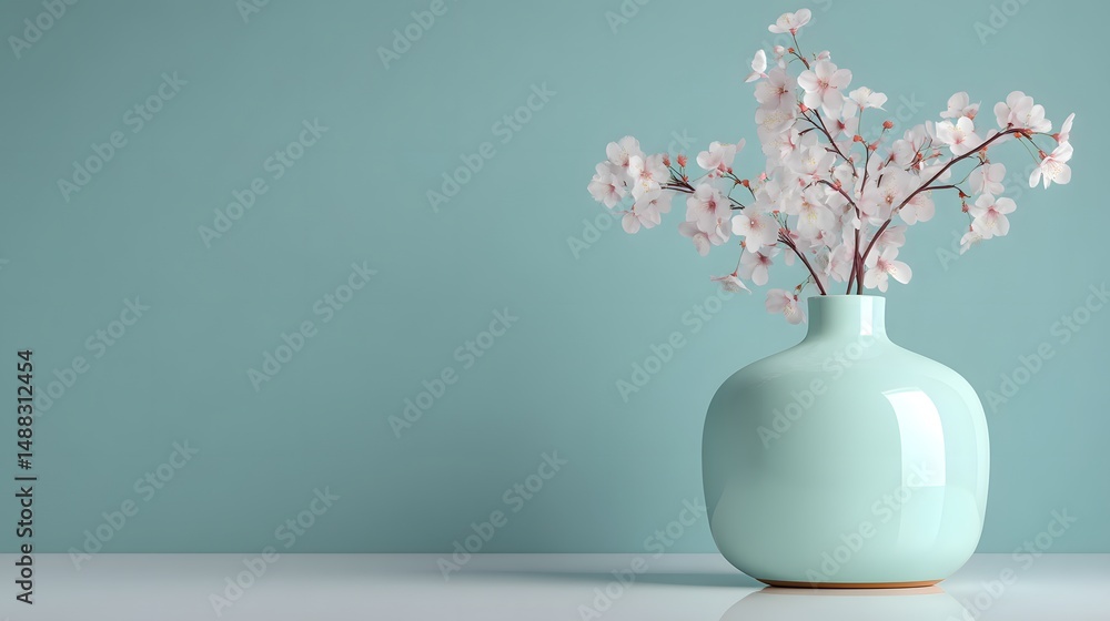 Naklejka premium Elegant Vase with Cherry Blossom Blooms on Soft Blue Background