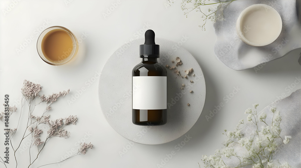 Elevated still life capturing a bottle of skincare essential with surrounding accents Elevated still life capturing a bottle of skincare essential with surrounding accents