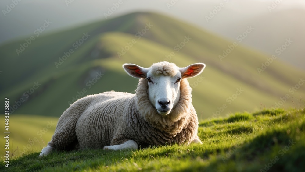 Obraz premium Scottish Blackface sheep reclining on a hilltop