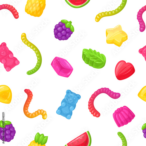 Jelly seamless pattern. Gummy bear and worms marmalade endless design, chewy jelly candies flat vector background illustration. Cartoon jelly sweets endless backdrop