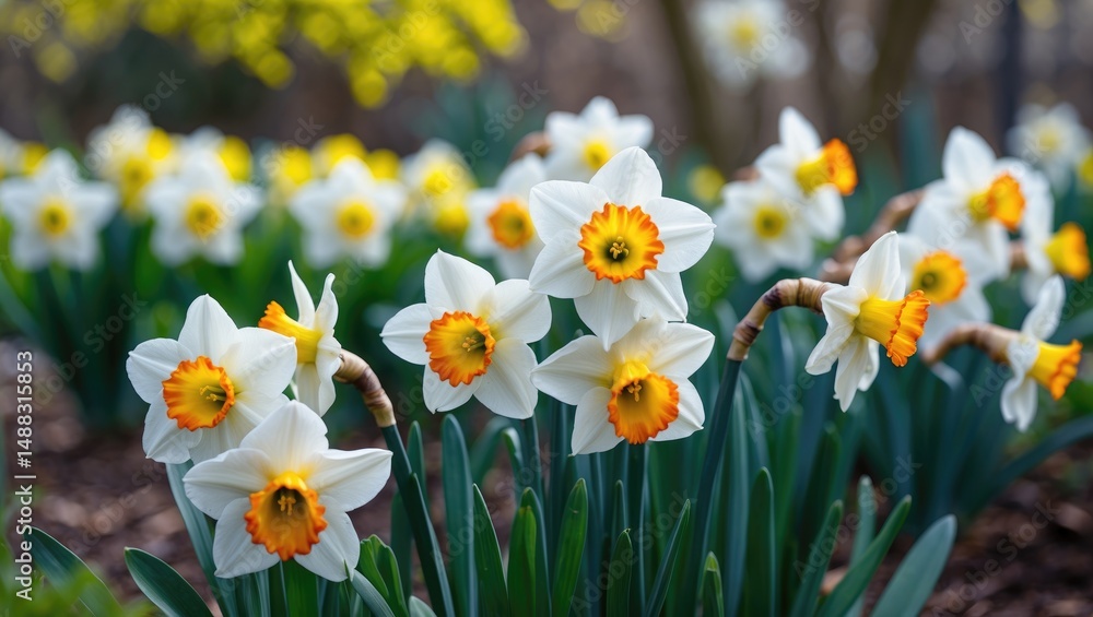 Fototapeta premium Luminous white daffodils with orange centers flowering in a verdant green garden