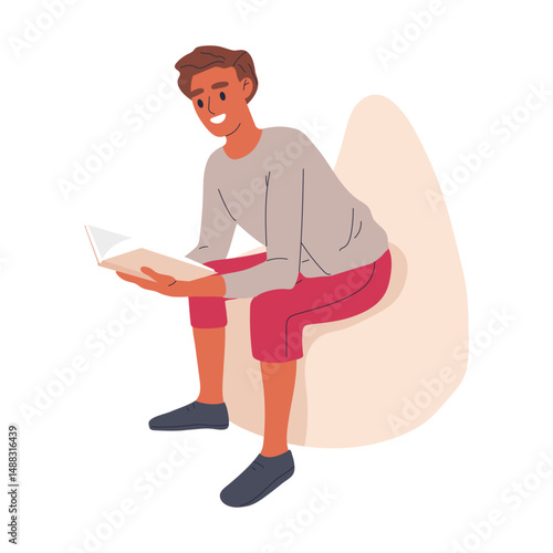 Reading man. Studying male character, book lover in cozy armchair, men with book, literature fan reading in comfy position flat illustration. Guy reading at home