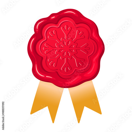 Snowflake shaped wax seal. Cartoon postal wax stamp with golden silk ribbons flat vector illustration. Antique red paraffin seal