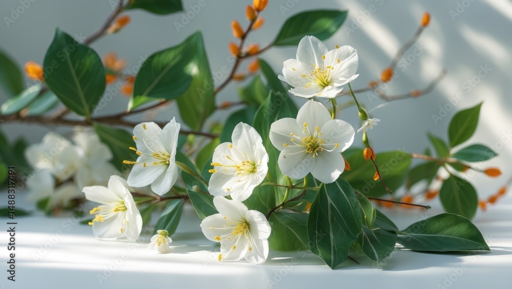 Obraz premium Orange tree branches adorned with flowers, buds, and leaves isolated on a white surface.