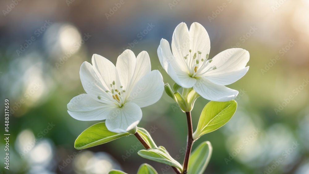 Obraz premium Macro shot of white spring flowers blooming in the yard, featuring two delicate petals and green leaves, floral photography