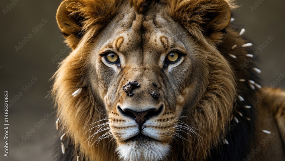 Naklejka premium Elderly male lion with injured lip and porcupine quills embedded in skin looking at the camera