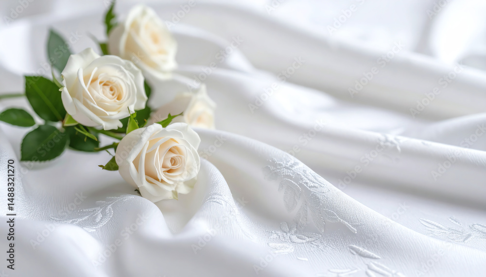 Obraz premium Elegant white roses arranged on a soft, white fabric, creating a serene and romantic atmosphere