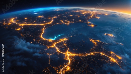 Gorgeous planet viewed from space, overhead sight of city lights