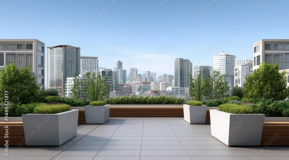 Fototapeta premium Scenic Urban Rooftop with City Skyline and Greenery