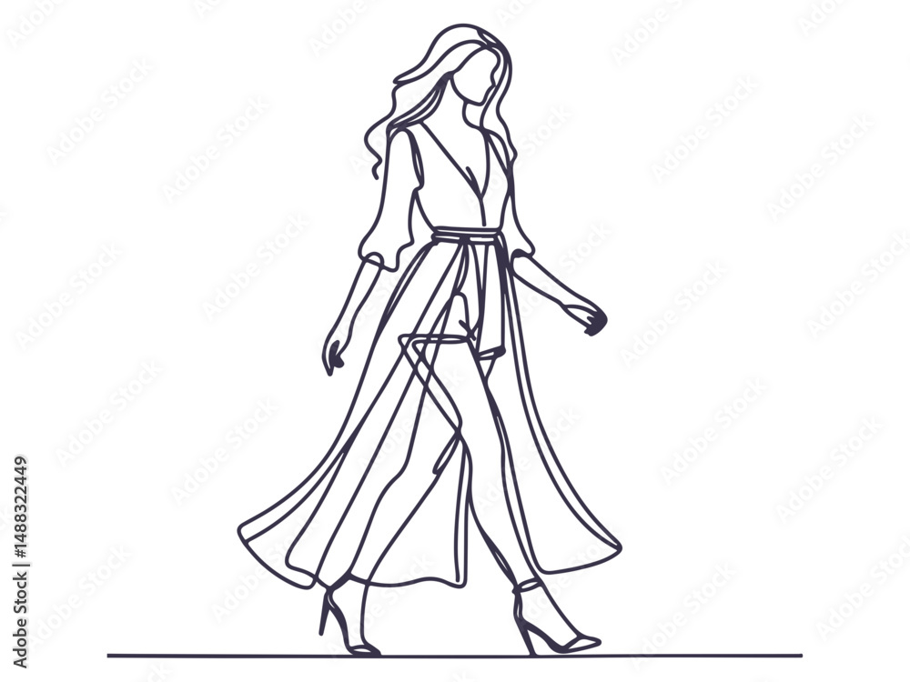 Fototapeta premium Elegant One-Line Drawings of Women Walking in Fashionable Outfits – Minimalist Female Line Art Illustration Set.