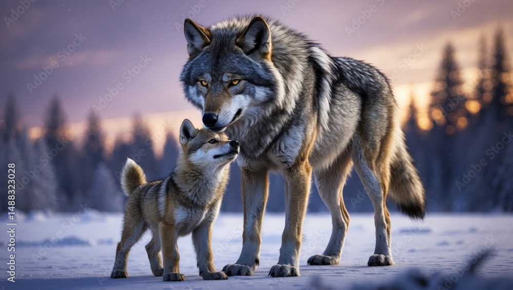 Obraz premium A seasoned wolf mentor guides its pup to howl in a cold, outdoor setting