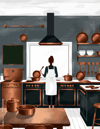 A woman baking in a rustic kitchen with copper pots and pans-Illustration of a vintage style kitchen with a woman preparing food-Dark cabinetry and warm copper accents create a cozy atmosphere
