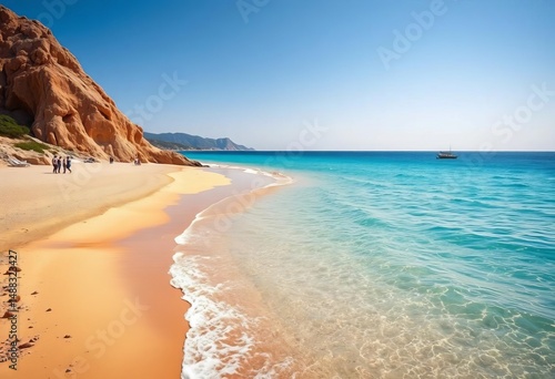 Fototapeta Naklejka Na Ścianę i Meble -  Golden sand, turquoise water, Karpathos beach, sun-drenched shore, holiday, perfect