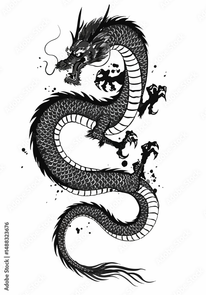Obraz premium A coiled dragon rising into the air, with swirling ink trails emphasizing power and myth. Traditional Japanese style with bold, dynamic brush strokes