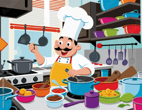 Cheerful Cartoon Chef Cooking in a Vibrant Kitchen- Whimsical Illustration of Culinary Delights- Perfect for Food Blogs and Children's Content