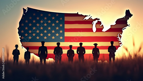 Military Silhouettes Standing in Formation Creating Shape of United States with Massive American Flag Backdrop Representing Different Branches and Eras