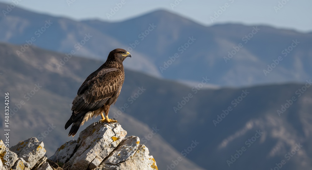 Fototapeta premium Majestic brown eagle perched on rocky peak overlooking mountain range wildlife photography on transparent background