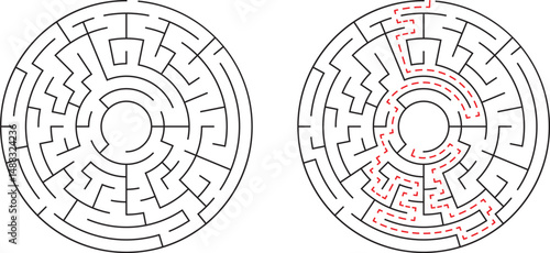 Circular maze illustration showing challenge solution and pathfinding for brain teaser concepts