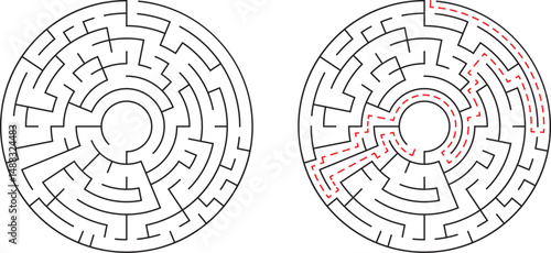Two circular mazes one solved with highlighted path for problem solving and conceptual solutions