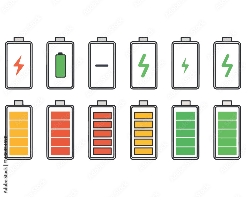 Battery icon set,charge status indicators,Cartoon full, low and empty charge indicators. Smartphone signs set, High quality colorful style vector icons. Green 100% 75%, orange 50%, red 25% 0, batterie Battery icon set,charge status indicators,Cartoon full, low and empty charge indicators. Smartphone signs set, High quality colorful style vector icons. Green 100% 75%, orange 50%, red 25% 0, batterie