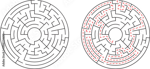 Circular maze illustration with solution showing path through complex challenging puzzle