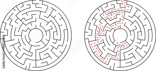 Circular maze with solution path indicating guidance and problem solving approach