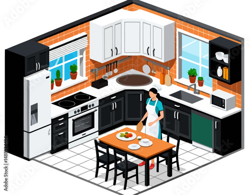 Isometric Kitchen Design-Modern Interior with Orange Accents-Woman Preparing Meal at Dining Table-Find Kitchen Inspiration and Home Decor Ideas-Kitchenette