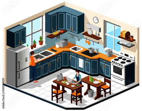 Isometric Kitchen Scene-Woman Washing Dishes-Another Preparing Food-Stylish Cabinetry and Appliances-A Functional Culinary Space