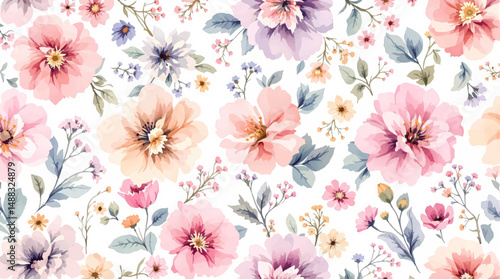 Seamless Watercolor pastel pink, lilac, and mint green flowers and leaves on a white background, Flower seamless pattern. Watercolor print in rustic vintage style, textile or wallpapers.