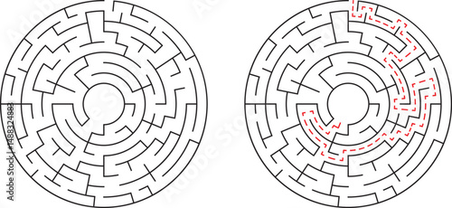 Circular labyrinth or maze vector illustration with and without solution route guidance