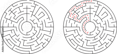 Round maze design with solution path showing puzzle solving concepts and strategy