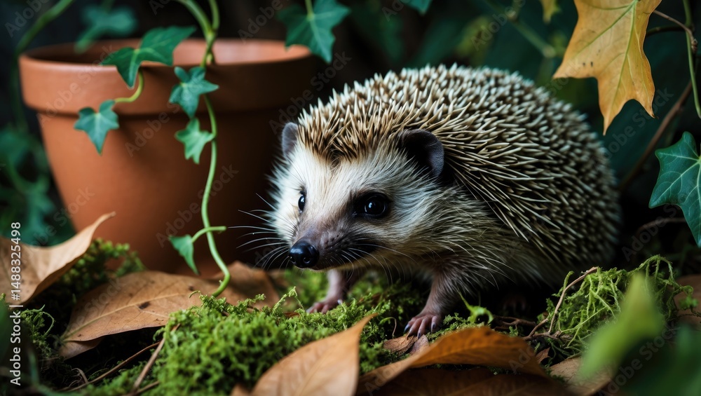 Fototapeta premium Wild Hedgehog in Natural Habitat: Erinaceus Europaeus with Green Moss and Golden Leaves