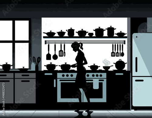 Silhouette of Woman Cooking in Kitchen - Stylish Kitchen Design with Pots and Pans - Modern Kitchen Illustration for Home Decor