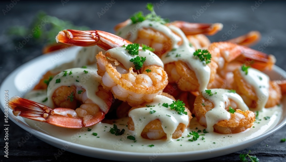 Shrimp fried in white sauce Shrimp fried in white sauce