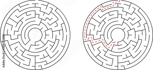 Circular maze vector illustration showing pathfinding and puzzle solving concept
