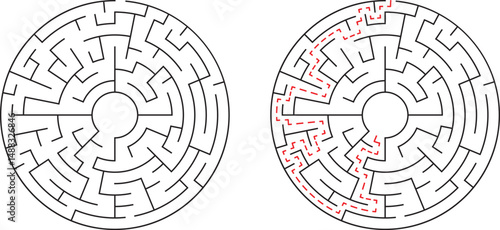 Circular maze with solution displayed illustrating finding a way through a challenging path